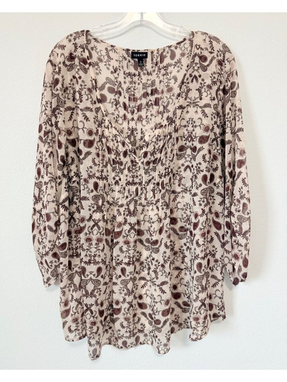 Torrid 3/4 Sleeve V-Neck Floral Burgundy/Cream Sheer Blouse Women's Size 3 (3X)